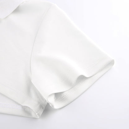 Cropped Polo Top with Double Ring Zip in White - white short sleeve cuff close-up