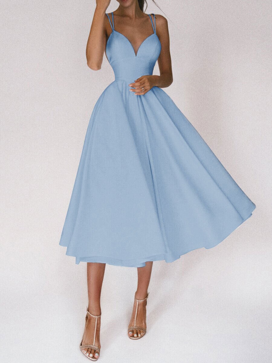 Midi Dress with Plunge Neck and Low Back - Blue front view