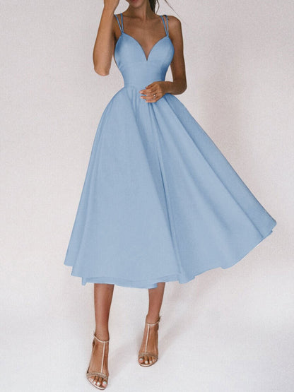 Midi Dress with Plunge Neck and Low Back - Blue front view