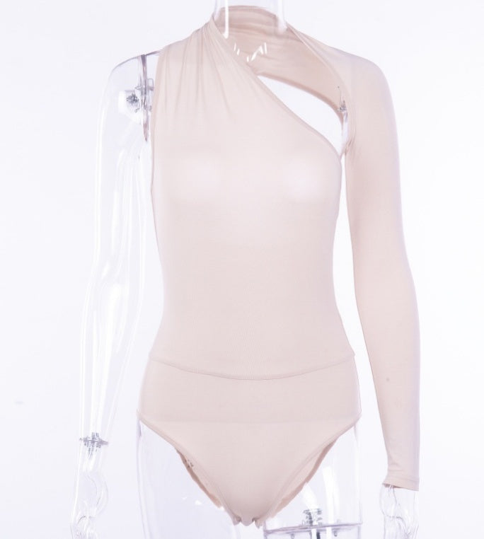 Bodysuit with Asymmetric One-Shoulder Long Sleeve - apricot angled view showing neckline
