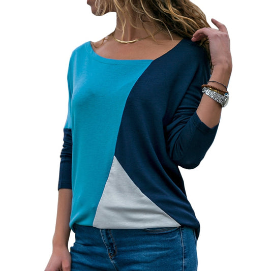 Long-Sleeve Colour-Block Bateau-Neck T-Shirt - blue and black front view