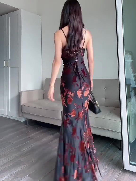 Flocked Floral Strappy Fishtail Maxi Dress in Black - black back view