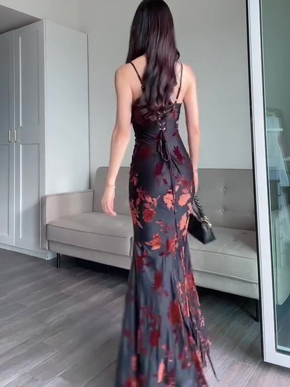 Flocked Floral Strappy Fishtail Maxi Dress in Black - black back view