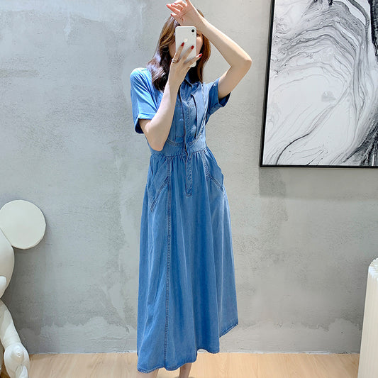 Shirt Dress in Soft Blue Tencel Denim - blue full-length front view