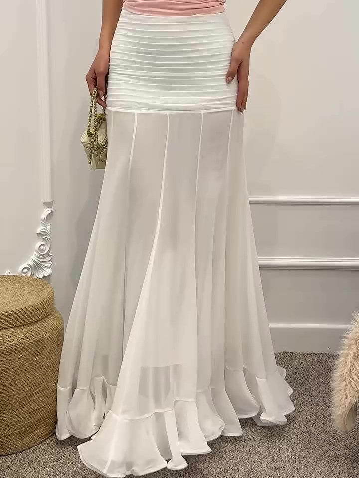 Ruffle Hem Pleated Maxi Skirt - White, pleated waistband and ruffle hem detail
