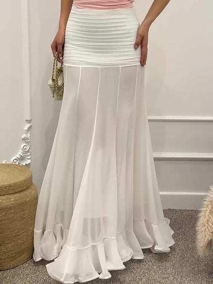 Ruffle Hem Pleated Maxi Skirt - White, pleated waistband and ruffle hem detail