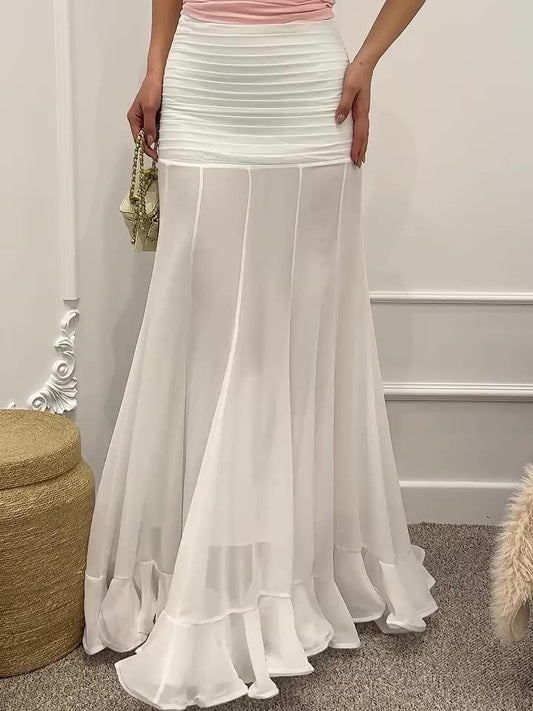 Ruffle Hem Pleated Maxi Skirt - White, pleated waistband and ruffle hem detail