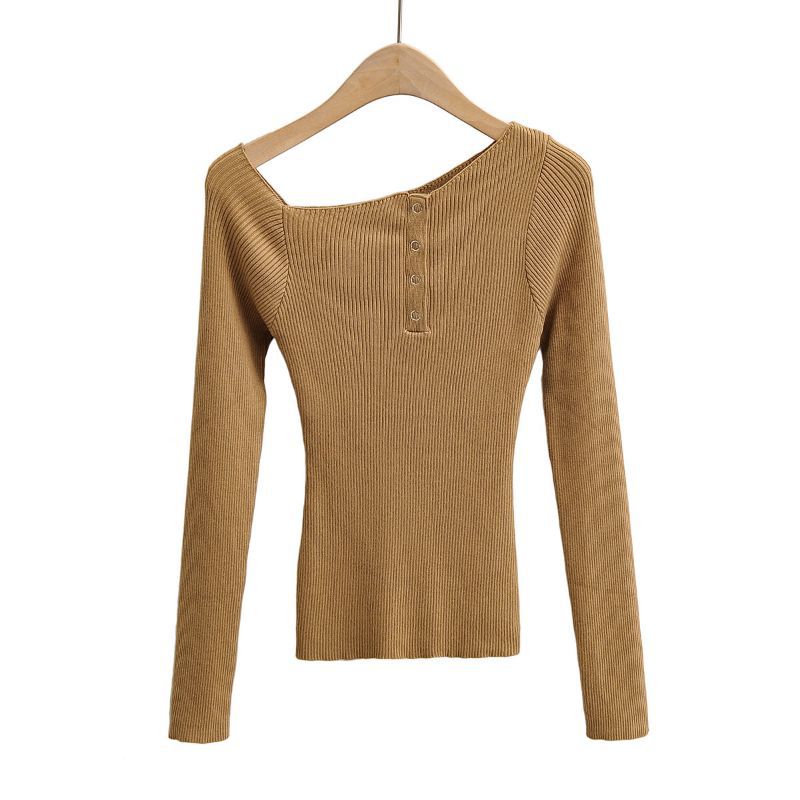 Knit Top with Boat Neck and Button Detail - khaki front view