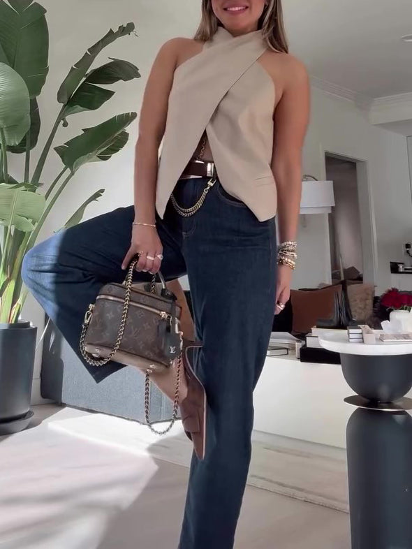 Cross-Front Halter Vest Top in Khaki - khaki angled full-length view