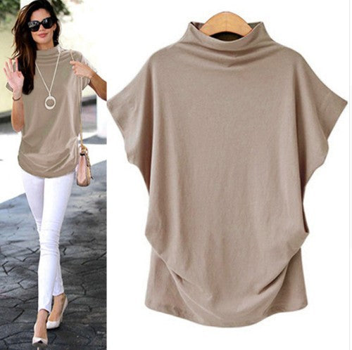 Tunic Top in Funnel-Neck Cotton with Drape Hem - Khaki model styling and front view