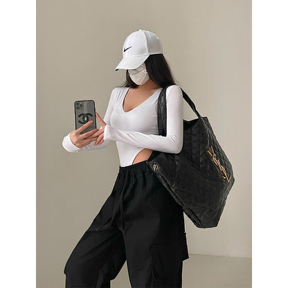 Bodysuit with V-Neck and Long Sleeves in Stretch Cotton - white mirror styling view