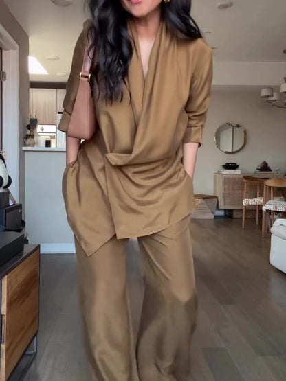 Satin Wrap Blouse & Wide-Leg Trousers Co-Ord in Camel - camel close front view showing draped wrap blouse