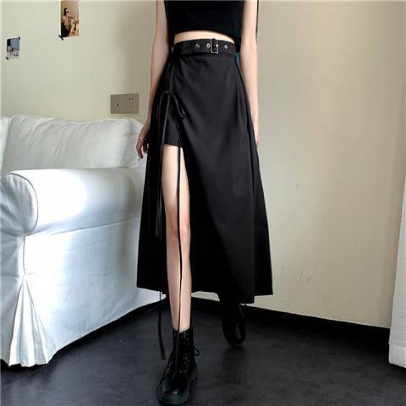 Midi Skirt in Black with Belted Asymmetric Split - black full-length front view with tie detail