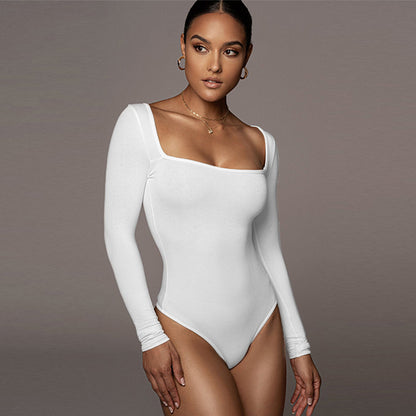Bodysuit with Square Neck and Long Sleeves - white front lifestyle