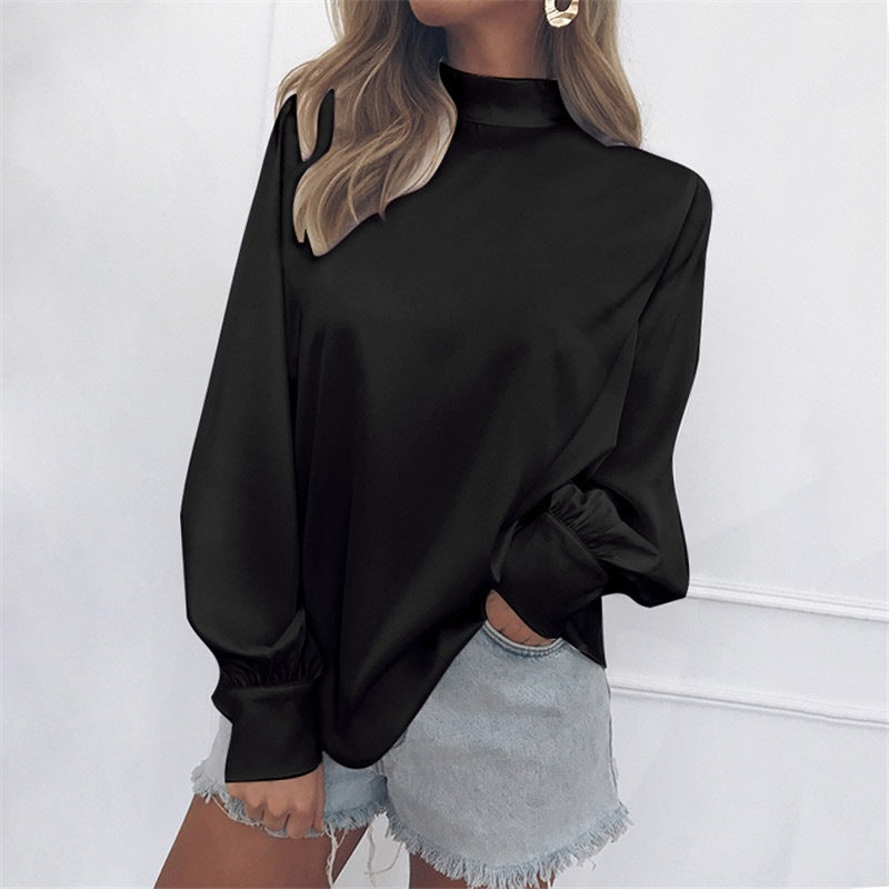 Blouse with Soft High Neck and Lantern Sleeves - black front view