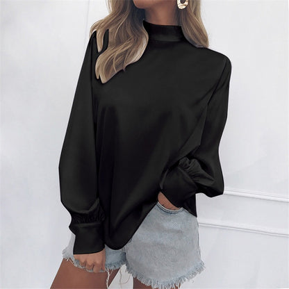 Blouse with Soft High Neck and Lantern Sleeves - black front view