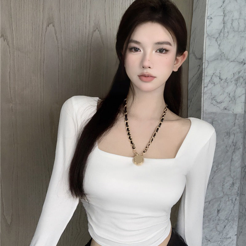 Square-Neck Long-Sleeve Ruched Top - White front view