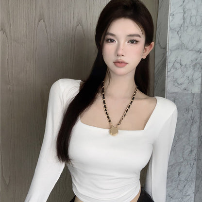 Square-Neck Long-Sleeve Ruched Top - White front view