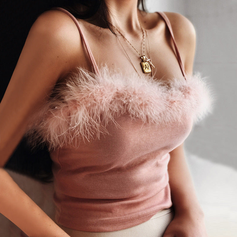 Cami Top with Feather Trim in Pink & White - pink feather trim detail