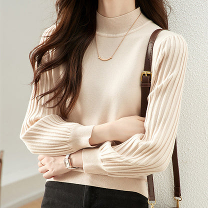 Knit Top with Pleated Sleeves and Mock Neck - Apricot front view