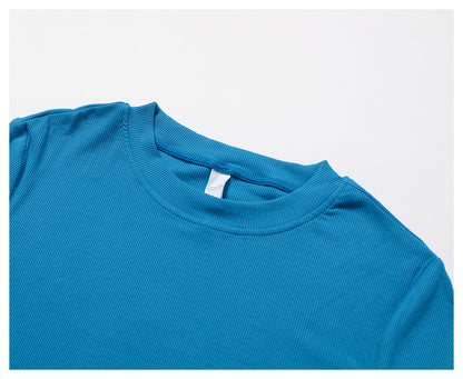 Crop Top with Thumbhole Cuffs in Quick-Dry Stretch - Peacock Blue neckline close-up