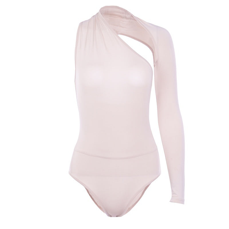 Bodysuit with Asymmetric One-Shoulder Long Sleeve - apricot front view on mannequin