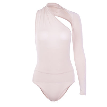 Bodysuit with Asymmetric One-Shoulder Long Sleeve - apricot front view on mannequin
