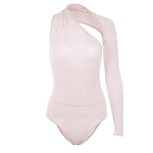 Bodysuit with Asymmetric One-Shoulder Long Sleeve - apricot front view on mannequin