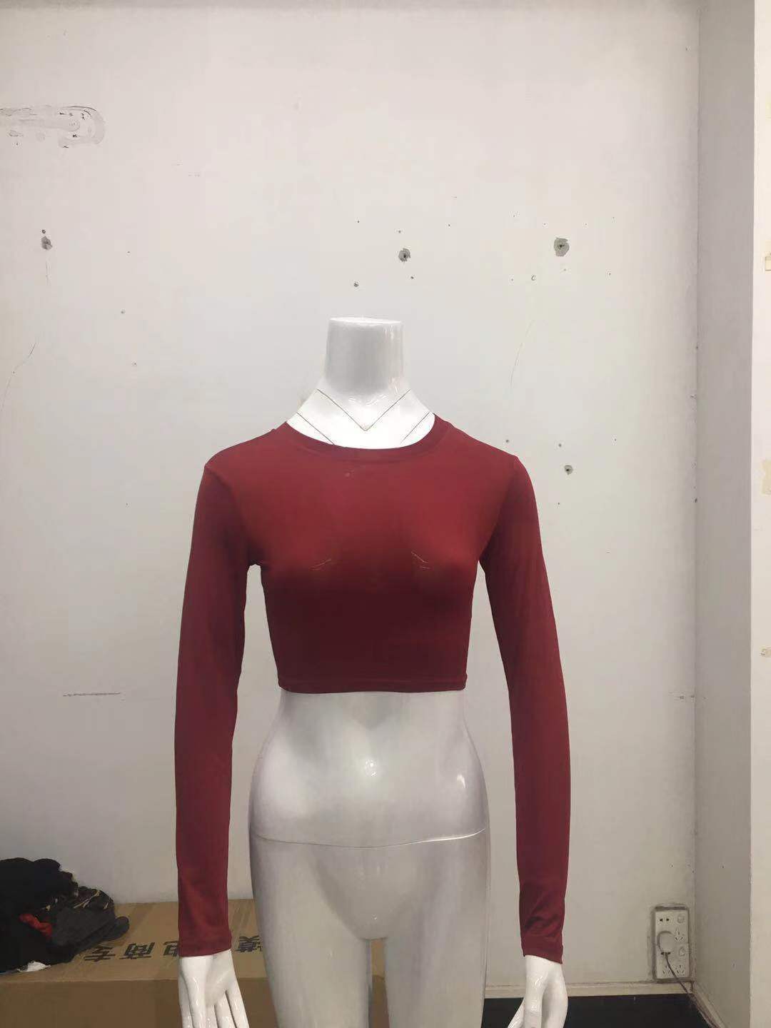 Crop Top with Long Sleeves in Second-Skin Stretch - wine red front mannequin