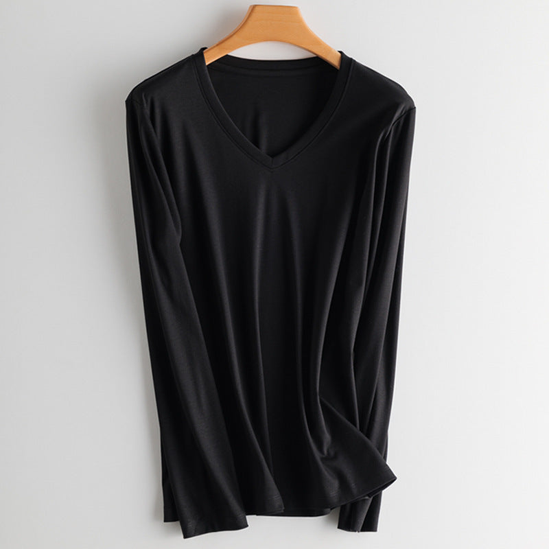 T-Shirt in Soft Drape Jersey with Long Sleeves - black V-neck front view