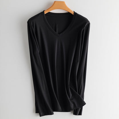 T-Shirt in Soft Drape Jersey with Long Sleeves - black V-neck front view
