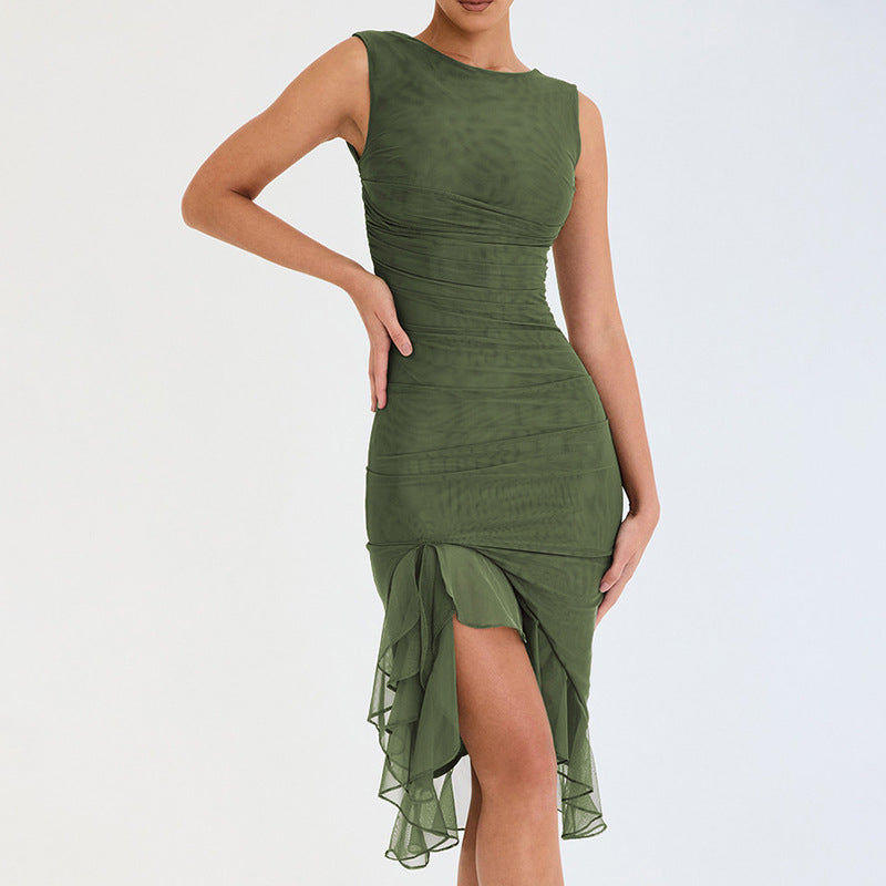 Midi Dress in Sleeveless Ruched Bodycon with Sheer Hem - olive green front view