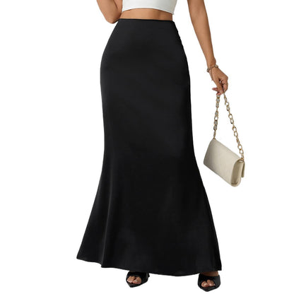 Maxi Skirt in Satin Bias Cut - Black styled front with bag