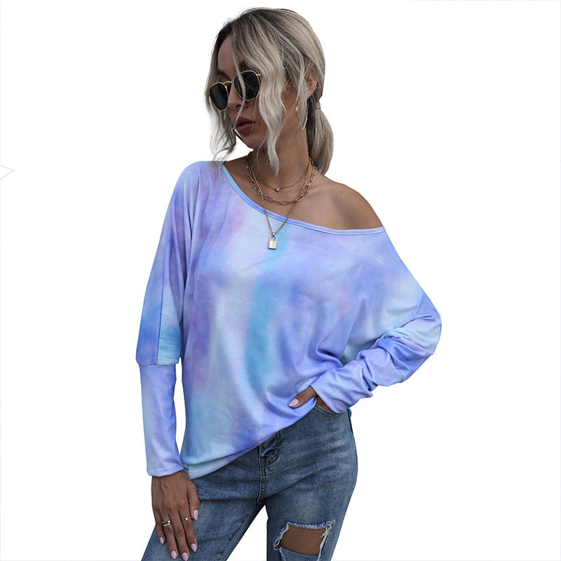 Long Sleeve Top in Pastel Tie-Dye with Bardot Neck - purple studio front view