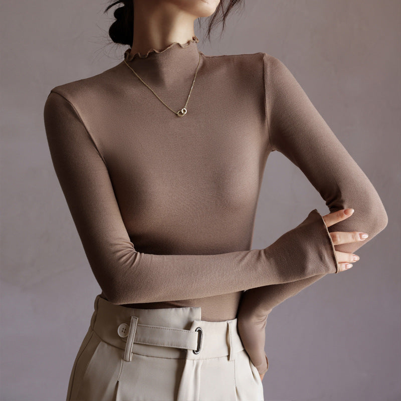 Top in Stretch Mock Neck with Ruffle Trim - milk tea front view
