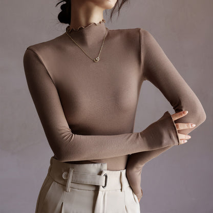 Top in Stretch Mock Neck with Ruffle Trim - milk tea front view