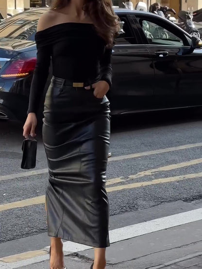 Black Faux Leather High-Waist Maxi Pencil Skirt — street lifestyle, full outfit front view