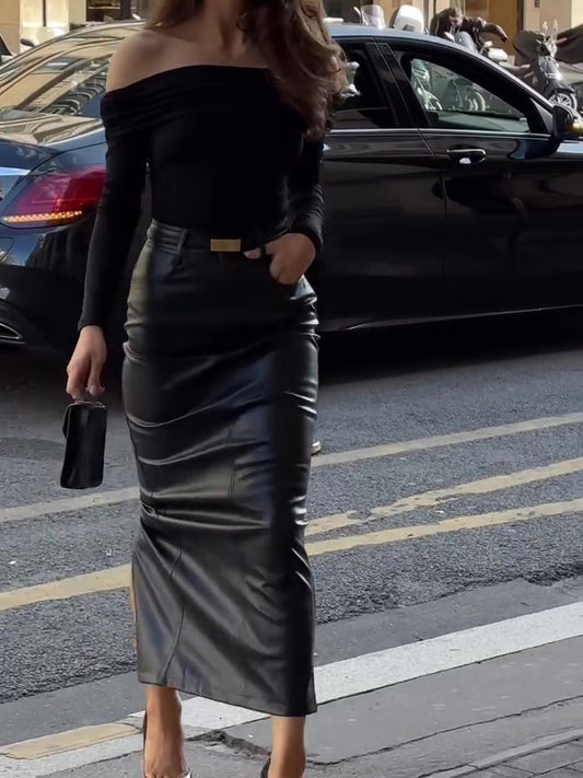 Black Faux Leather High-Waist Maxi Pencil Skirt — street lifestyle, full outfit front view