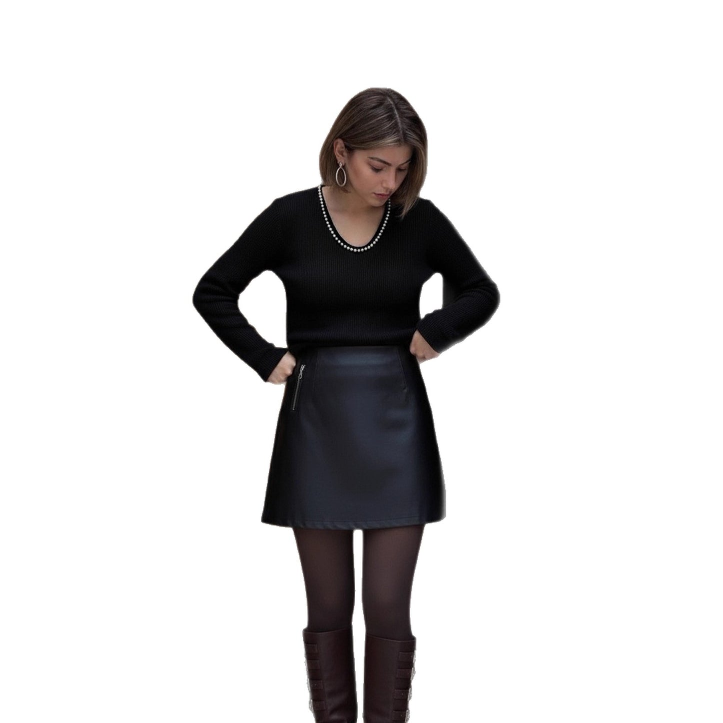 Long Sleeve Top in Black with Pearl-Trim Neckline - black full-length studio look