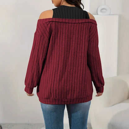 Knit Top in Wine Red with Cold-Shoulder Contrast Panel - wine red back view