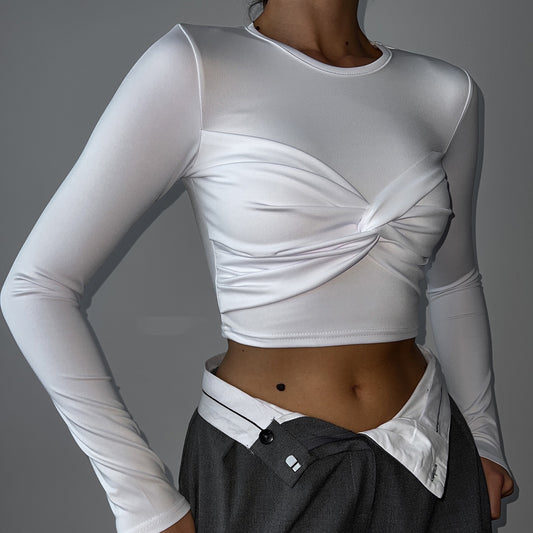 Crop Top in White & Black with Twist Front and Long Sleeves - white front angle
