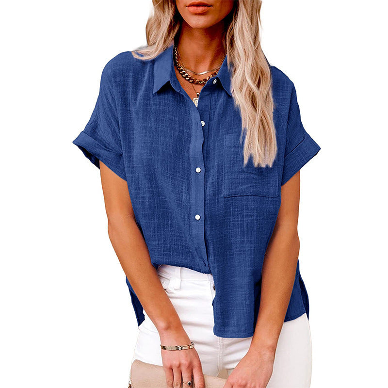 Short-Sleeve Textured Shirt with Pocket - Blue front view
