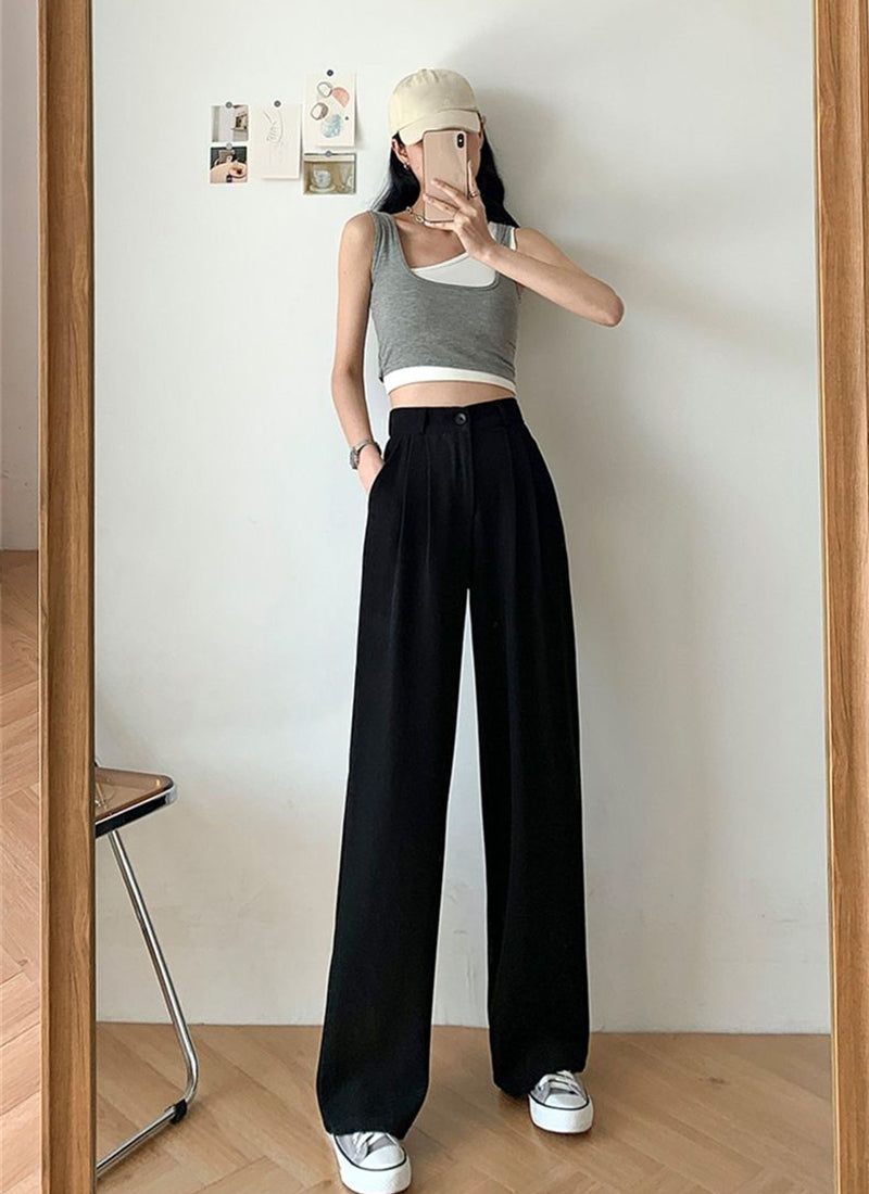 Wide-Leg Trousers with Pleated Front - black front view