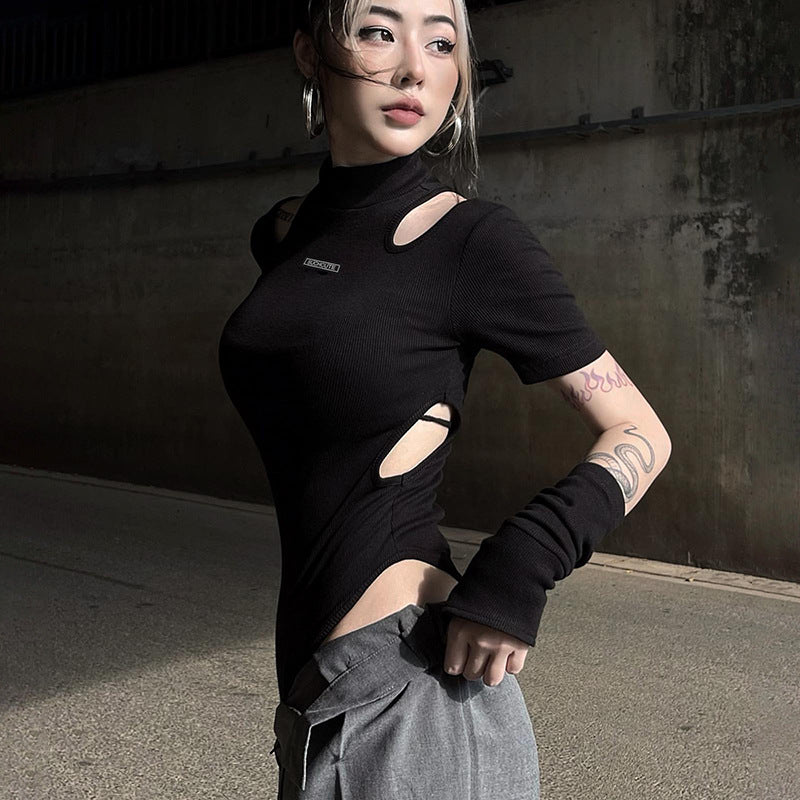 Bodysuit in Black with Shoulder Cut-Outs & Arm Warmers - black side cut-out detail
