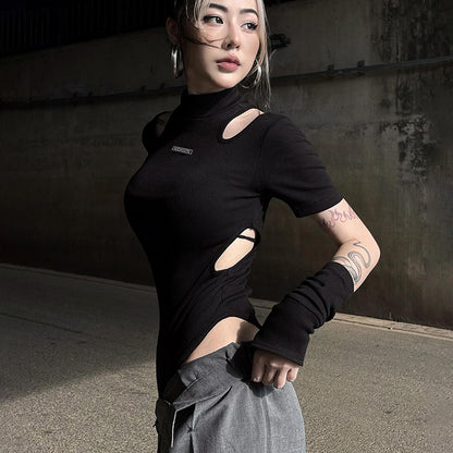 Bodysuit in Black with Shoulder Cut-Outs & Arm Warmers - black side cut-out detail