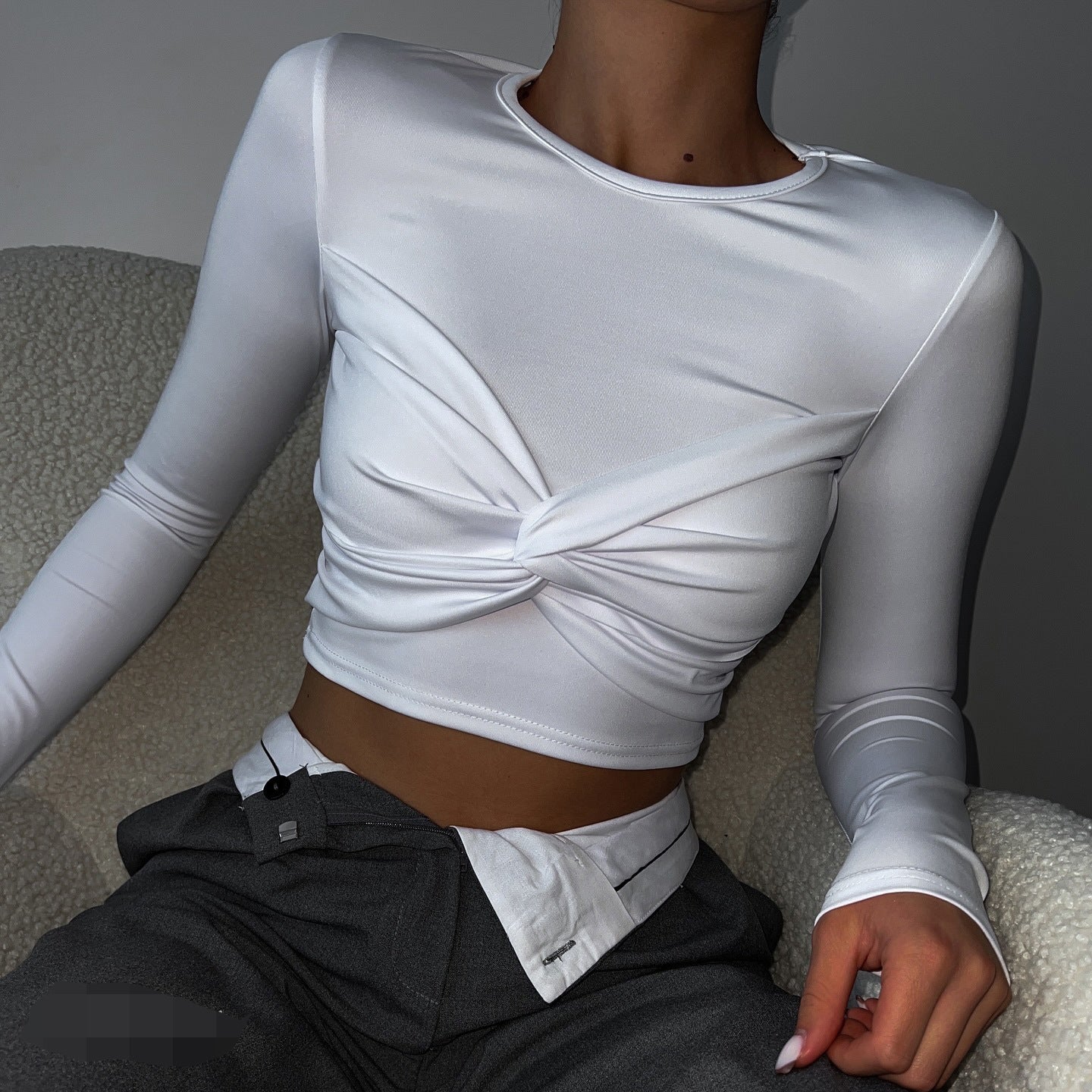Crop Top in White & Black with Twist Front and Long Sleeves - white seated angle