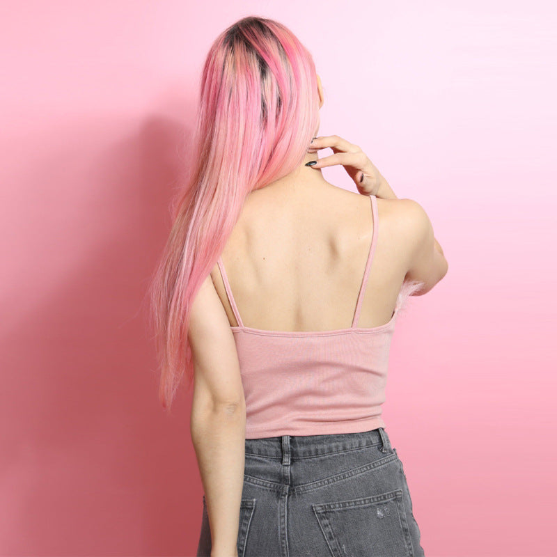Cami Top with Feather Trim in Pink & White - pink back view