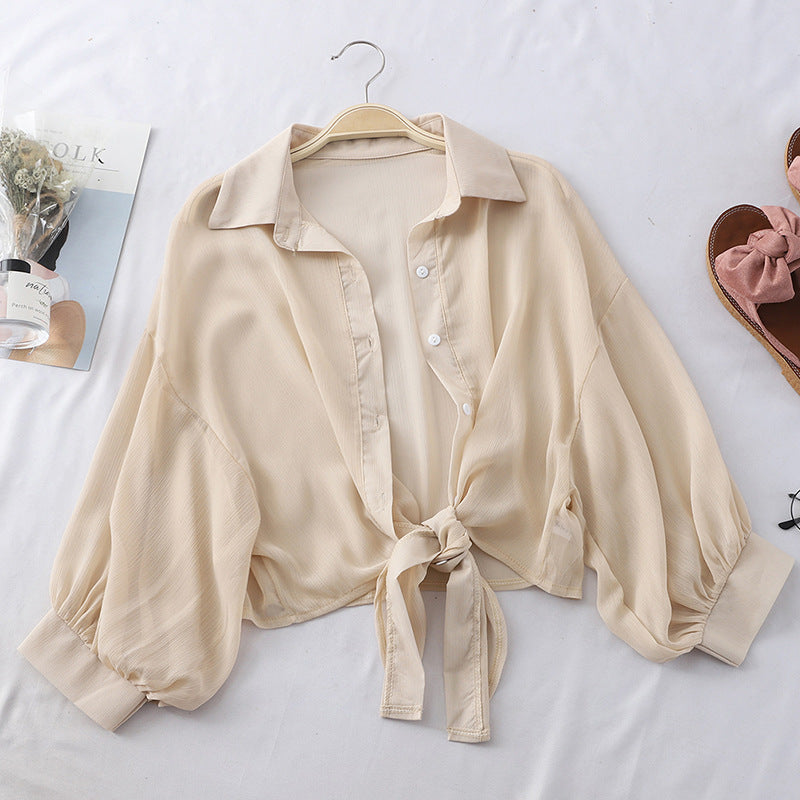 Cover-Up Shirt in Sheer Chiffon with Tie Front - apricot front view