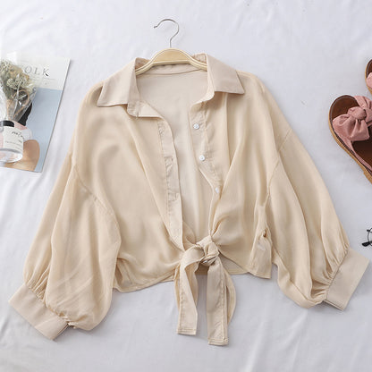 Cover-Up Shirt in Sheer Chiffon with Tie Front - apricot front view