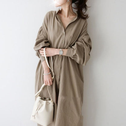 Maxi Shirt Dress in Soft Khaki - khaki collar and bodice detail